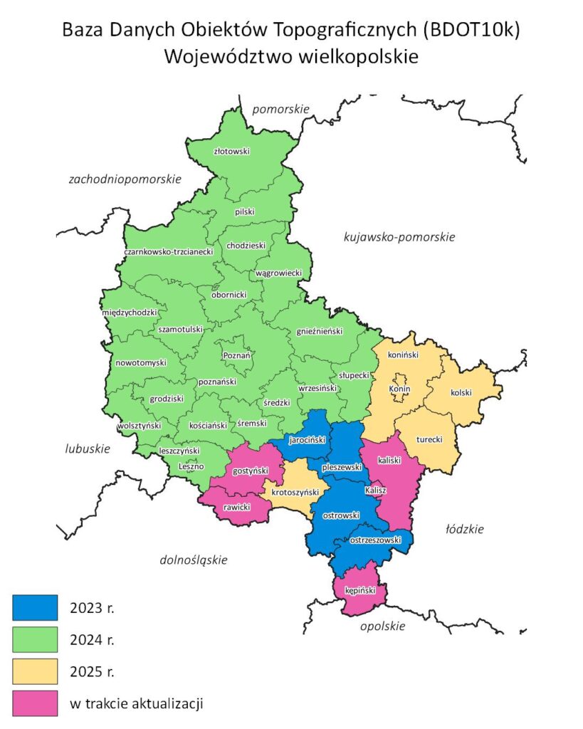 Mapa poglądowa aktualności BDOT10k w województwie wielkopolskim